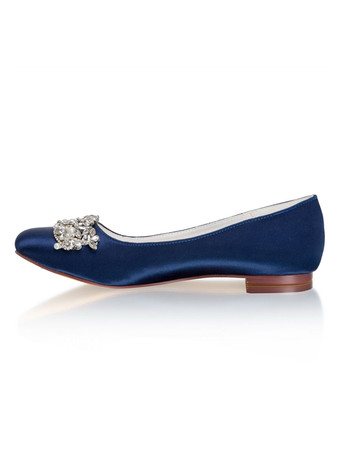 ロイヤルブルーのウェディングシューズサテンラウンドトゥラインストーンフラットシューズ