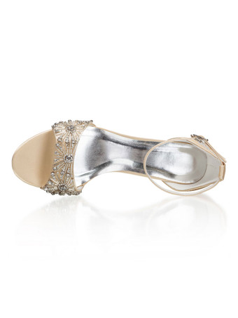 シャンパンの結婚式の靴サテンオープントゥラインストーンスチレットヒールアンクルストラップヒール