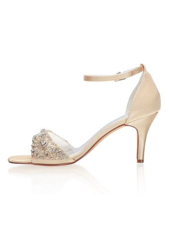 シャンパンの結婚式の靴サテンオープントゥラインストーンスチレットヒールアンクルストラップヒール