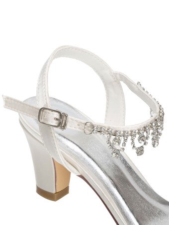 アイボリーの結婚式の靴サテンチェーンオープントゥチャンキーヒールブライダルシューズ