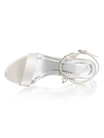 アイボリーの結婚式の靴サテンチェーンオープントゥチャンキーヒールブライダルシューズ