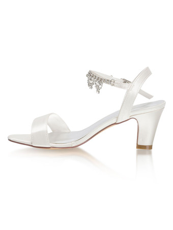 アイボリーの結婚式の靴サテンチェーンオープントゥチャンキーヒールブライダルシューズ