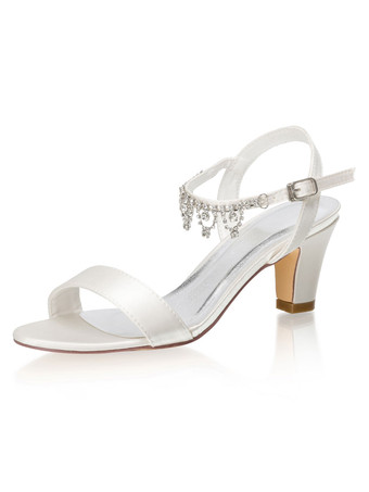 アイボリー アイボリーの結婚式の靴サテンチェーンオープントゥチャンキーヒールブライダルシューズ