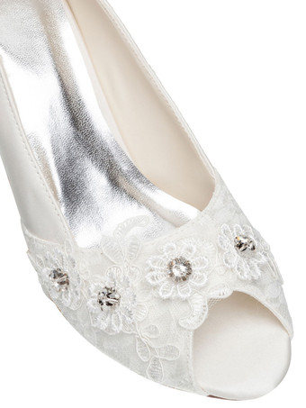 Zapatos De Boda De Marfil Zapatos De Novia De Tacón Grueso De Punta Abierta Con Diamantes De Imitación De Satén