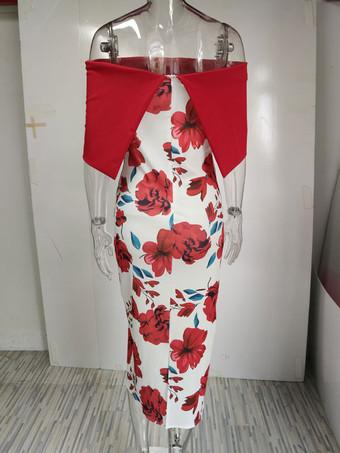 Bodycon Dress Floral Print Red Bateau Neck Zipper Layered Sexy Short  Sleeves Pencil Wrap Dresses