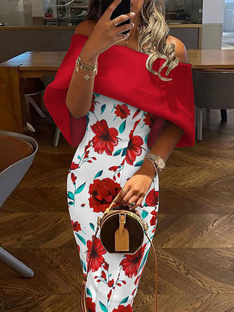 Bodycon Dress Floral Print Red Bateau Neck Zipper Layered Sexy Short Sleeves Pencil Wrap Dresses