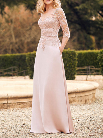 花嫁の母のためのピンクのパーティードレスVネックハーフスリーブAラインポケット結婚式のための床の長さのゲストドレス