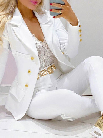 Zweiteilige Sets Weiß Polyester V-Ausschnitt Knöpfe Lange Ärmel Blazer Mantel Freizeithosen Damen Outfit