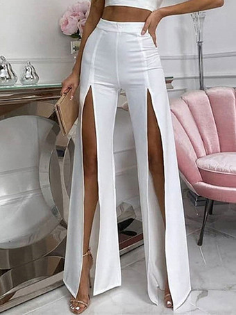 Pantaloni Pantaloni larghi a vita alta a vita alta in poliestere bianco con spacco sul davanti