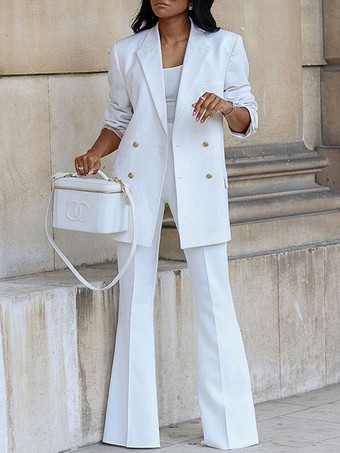 Two Piece Sets White V-Neck Buttons Long Sleeves Casual Blazer Overcoat Straight Pants Outfit For Women