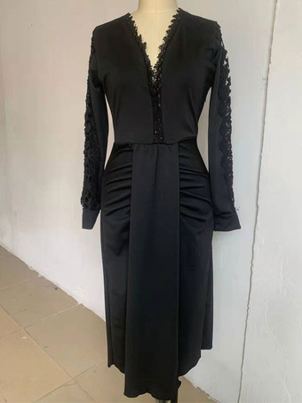 誕生日 ボディコンドレス ブラック 長袖 カットアウト カジュアル Vネック レイヤード ミディラップドレス シースラップドレス