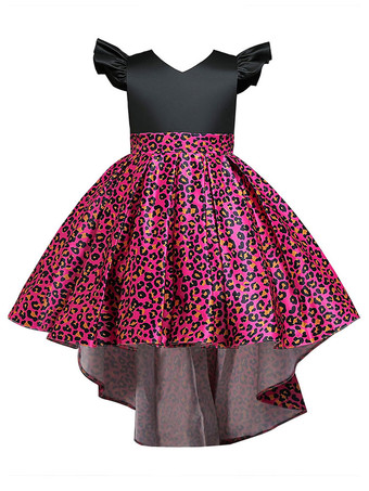 ローズレッドトレインVネックノースリーブレオパードプリントキッズパーティードレスと黄色いフラワーガールのドレス