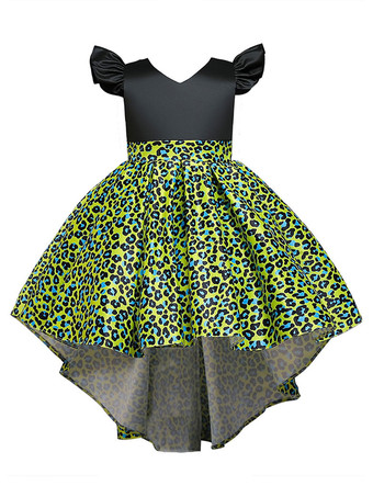 グリーン トレインVネックノースリーブレオパードプリントキッズパーティードレスと黄色いフラワーガールのドレス