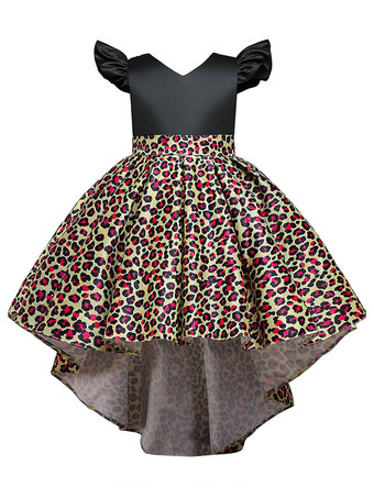 トレインVネックノースリーブレオパードプリントキッズパーティードレスと黄色いフラワーガールのドレス