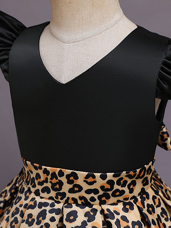 トレインVネックノースリーブレオパードプリントキッズパーティードレスと黄色いフラワーガールのドレス