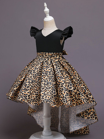 トレインVネックノースリーブレオパードプリントキッズパーティードレスと黄色いフラワーガールのドレス