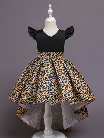アンバートレインVネックノースリーブレオパードプリントキッズパーティードレスと黄色いフラワーガールのドレス