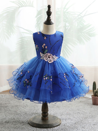 Vestidos de flor azul com gola em joia sem mangas tule poliéster algodão flor na altura do joelho vestidos de festa infantil