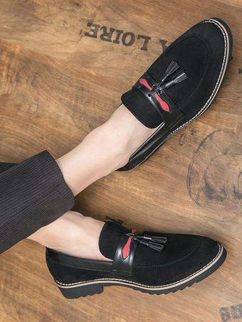 メンズ タッセルローファー シューズ スリッポン ポンポン ラウンドトゥ ブラウン ローファー