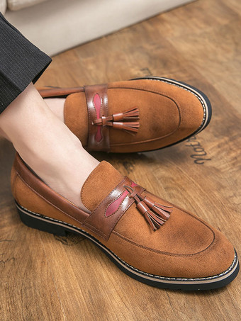 メンズ タッセルローファー シューズ スリッポン ポンポン ラウンドトゥ ブラウン ローファー