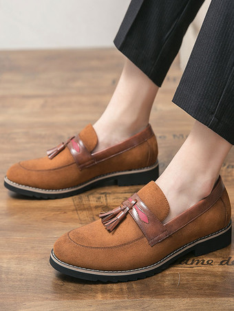 メンズ タッセルローファー シューズ スリッポン ポンポン ラウンドトゥ ブラウン ローファー