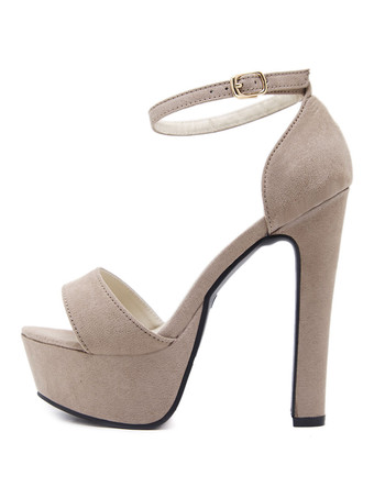 Sandalias de tacón de mujer Sandalias de tacón grueso de micro gamuza superior profundo albaricoque con correa en el tobillo