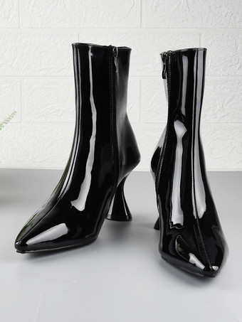 ブラック 女性ブーティ ポインテッドトゥ 特殊形状ヒール PU ブライト レザー ピンク アンクル ブーツ