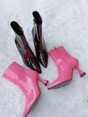 女性ブーティ ポインテッドトゥ 特殊形状ヒール PU ブライト レザー ピンク アンクル ブーツ