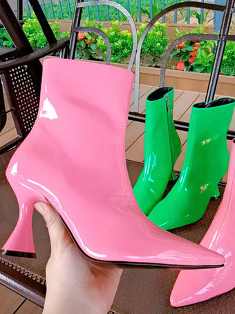 女性ブーティ ポインテッドトゥ 特殊形状ヒール PU ブライト レザー ピンク アンクル ブーツ