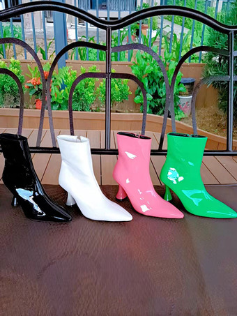 女性ブーティ ポインテッドトゥ 特殊形状ヒール PU ブライト レザー ピンク アンクル ブーツ