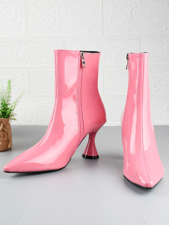女性ブーティ ポインテッドトゥ 特殊形状ヒール PU ブライト レザー ピンク アンクル ブーツ