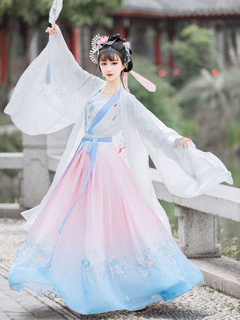 Robe de Style Chinois Ensemble 3 Pièces Blanc à Manches Longues Imprimé Floral Robe Longue Tenue Vintage Classique