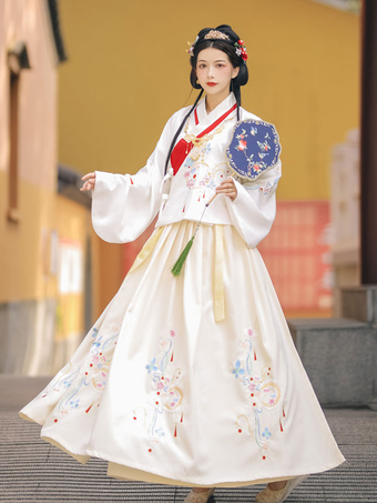 Vestito Lolita in stile cinese Set di 2 pezzi Vestito a maniche lunghe azzurro cielo chiaro Gonna lunga bianca Vestito Lolita