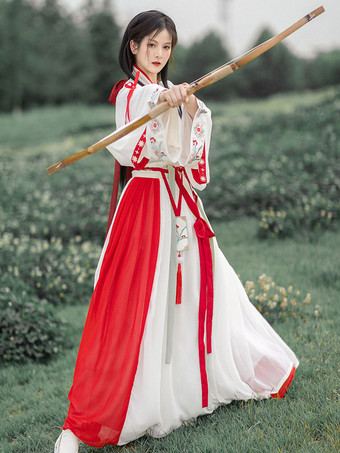 Chinesisches Lolita Kleid 2-teiliges Set Rot Weiß Lange Ärmel Blumendruck Polyester Langes Lolita Kleid Outfit