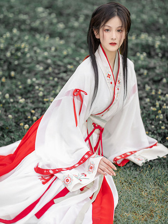 Chinese Style Lolita Dress 2-Piece Set Red White Long Sleeves Floral Printed Polyester Long Lolita Dress Outfit