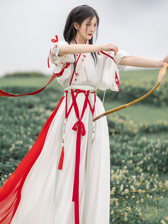 Chinese Style Lolita Dress 2-Piece Set Red White Long Sleeves Floral Printed Polyester Long Lolita Dress Outfit