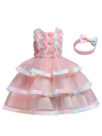 Vestidos de niña de las flores rosa Cuello joya Mezcla de algodón Sin mangas Princesa Silueta Hasta la rodilla Vestidos de fiesta para niños