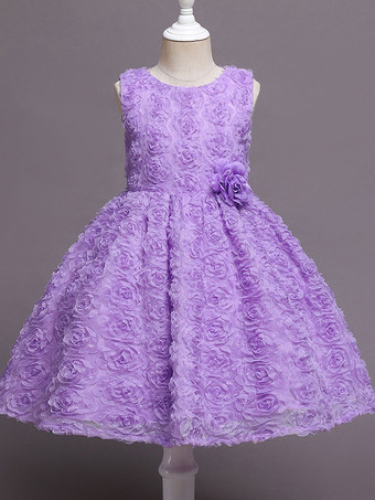 Lavendel Blumenmädchenkleider Jewel Neck Ärmelloser Reißverschluss Baumwollmischung Polyester Kinder Gesellschaftsparty Kleider