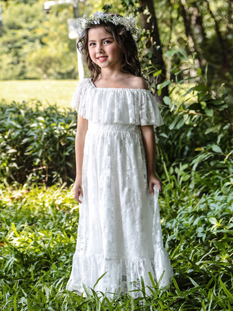 アイボリーフラワーガールドレスバトーネックノースリーブプリーツレースキッズパーティードレス