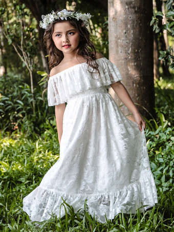 アイボリーフラワーガールドレスバトーネックノースリーブプリーツレースキッズパーティードレス