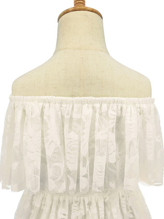 アイボリーフラワーガールドレスバトーネックノースリーブプリーツレースキッズパーティードレス