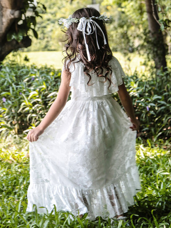 アイボリーフラワーガールドレスバトーネックノースリーブプリーツレースキッズパーティードレス