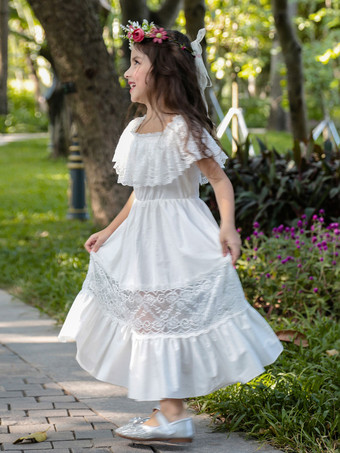 アイボリーフラワーガールドレスバトーネックノースリーブプリーツコットンブレンドポリエステルレースキッズソーシャルパーティードレス