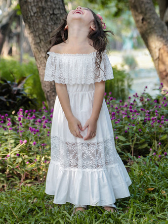 アイボリーフラワーガールドレスバトーネックノースリーブプリーツコットンブレンドポリエステルレースキッズソーシャルパーティードレス