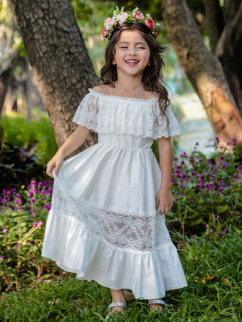 アイボリーフラワーガールドレスバトーネックノースリーブプリーツコットンブレンドポリエステルレースキッズソーシャルパーティードレス