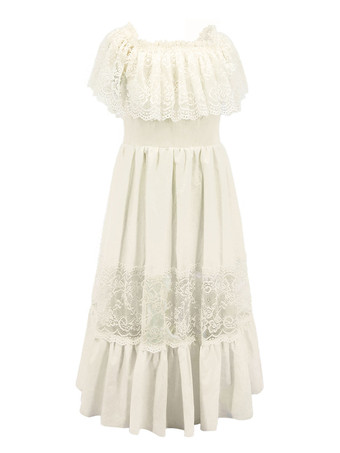 アイボリーフラワーガールドレスバトーネックノースリーブプリーツコットンブレンドポリエステルレースキッズソーシャルパーティードレス