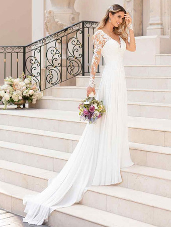 ホワイトのシンプルなウェディングドレス Aライン Vネック 長袖 背中開き レース ブライダルドレス 無料カスタマイズ