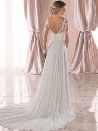 ホワイトのシンプルなウェディングドレス Aライン Vネック 長袖 背中開き レース ブライダルドレス 無料カスタマイズ