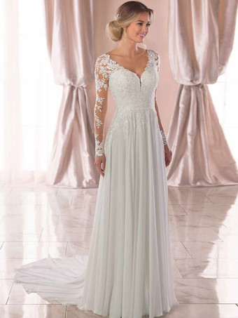 アイボリーホワイトのシンプルなウェディングドレス Aライン Vネック 長袖 背中開き レース ブライダルドレス 無料カスタマイズ