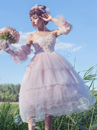 Sweet Lolita JSK Dress 2-Piece Set Light Sky Blue Sleeveless Bows Tulle Lolita Jumper Skirts Outfits
